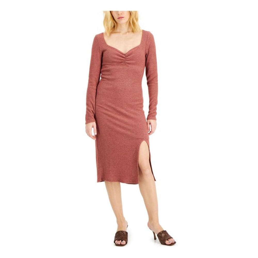 INC Womens Brown Knit Long Sleeve Sweetheart Neckline Midi Evening Dress L